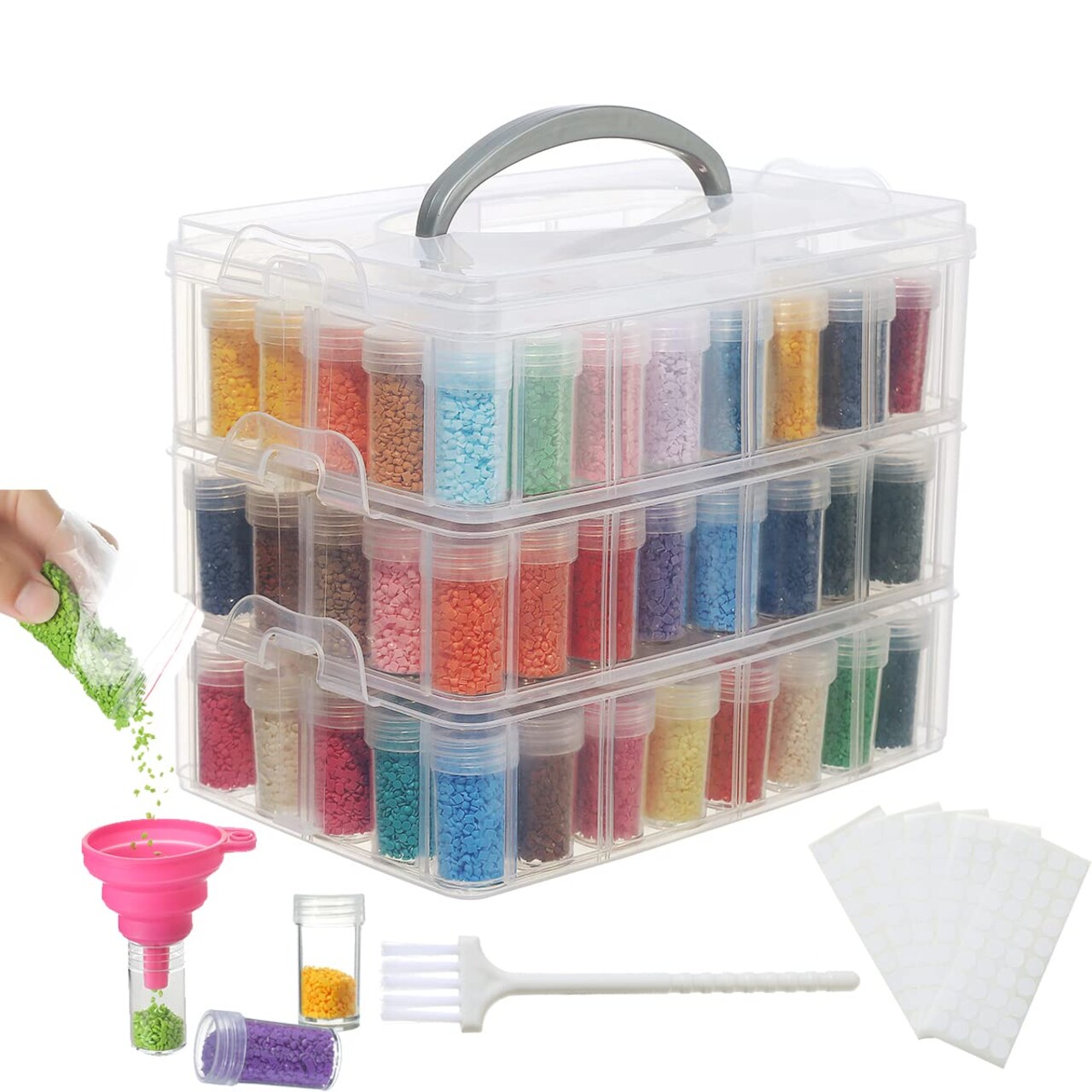 3-Tier Diamond Painting Storage Containers Portable Bead Organizer and Storage Box Stackable Arts & Crafts Organizers for Nail Charms Seed, 132 Round, Funnel, Stickers